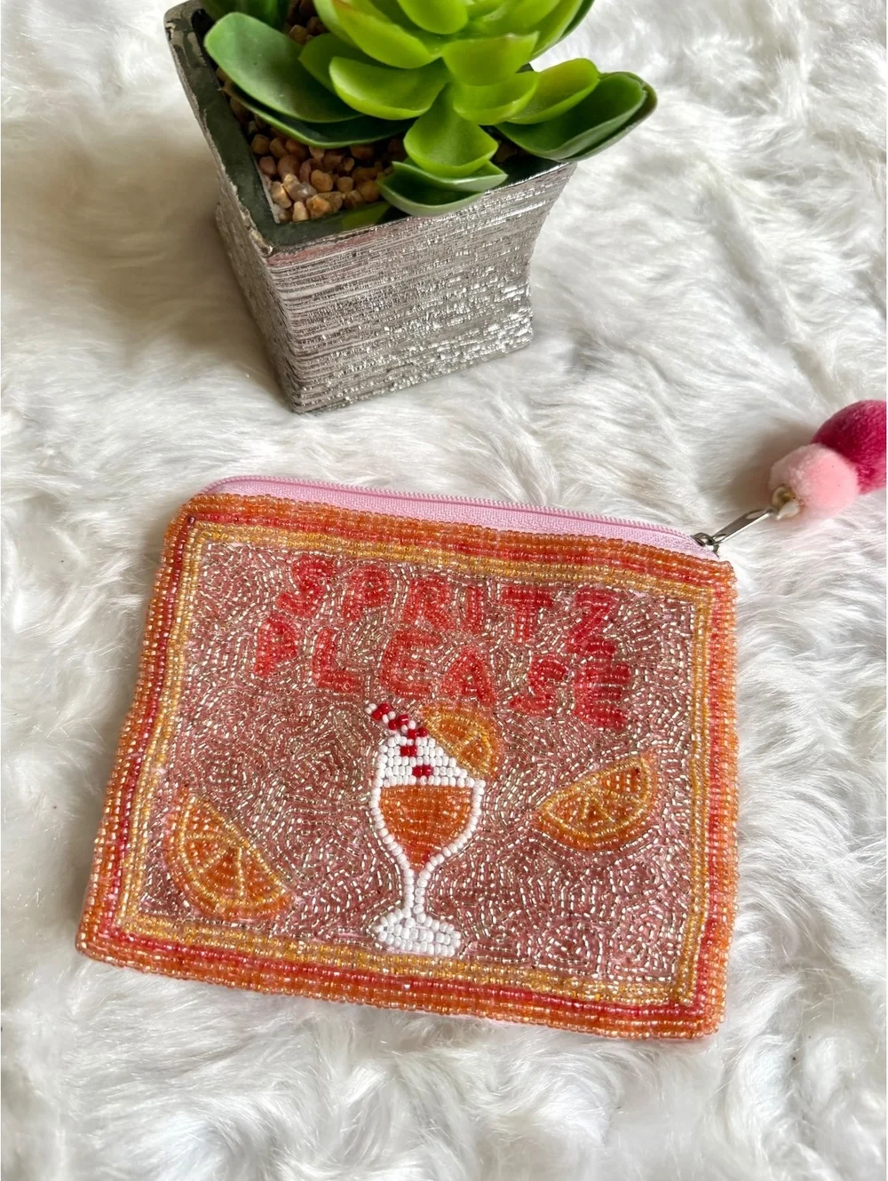 Beaded Pink 'Spritz Please' Cocktail Themed Coin Purse Pouch with Pom Pom Zipper